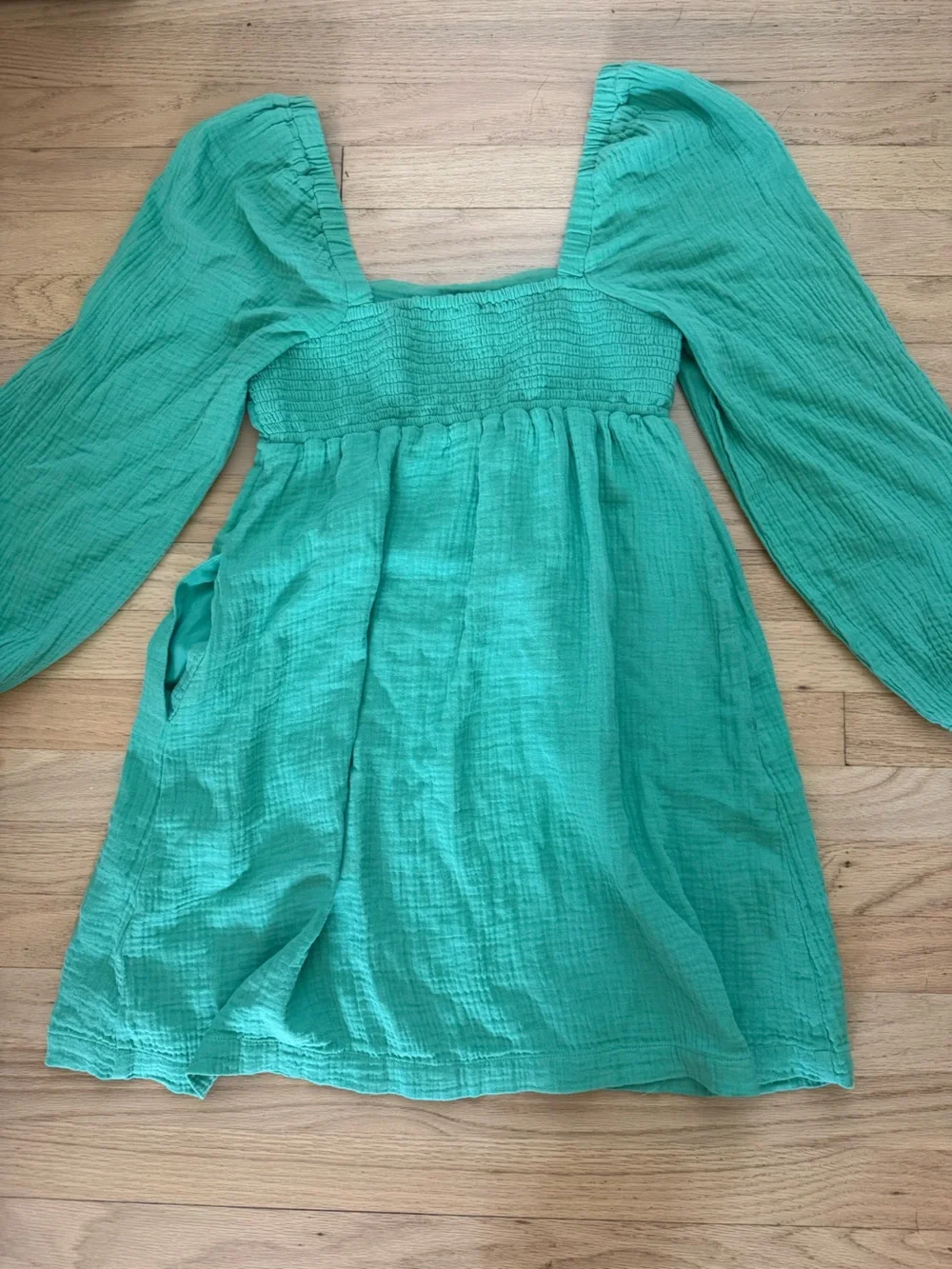 J Crew XS Green Square Neck Puff Sleeve Long Sleeve Dress 100% Cotton